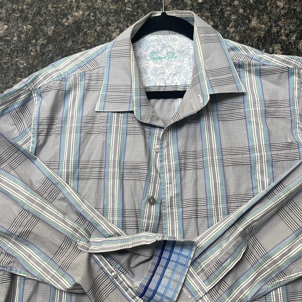 Tasso Elba Blue Gray Check Plaid Long Sleeve Button Down Shirt Size 2XL XXL